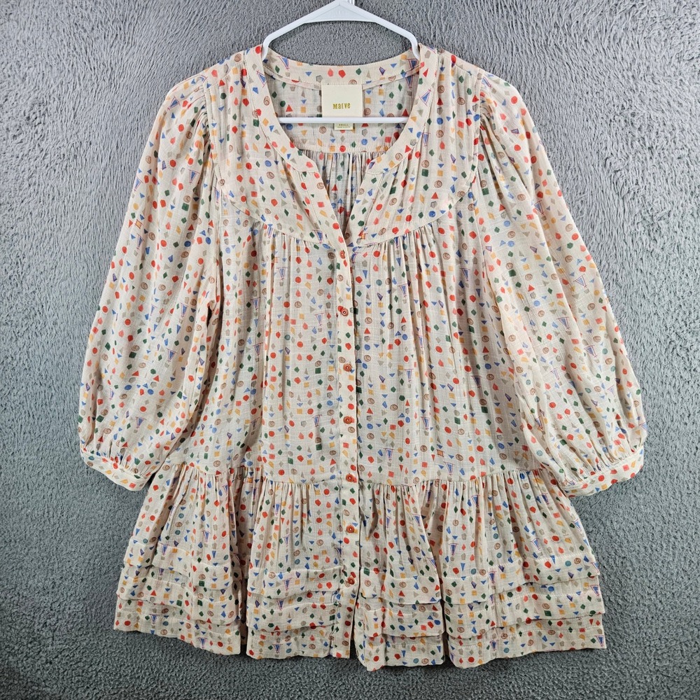 Maeve Anthropologie Geometric‎ Print Babydoll Tunic Top Cream Multi Small